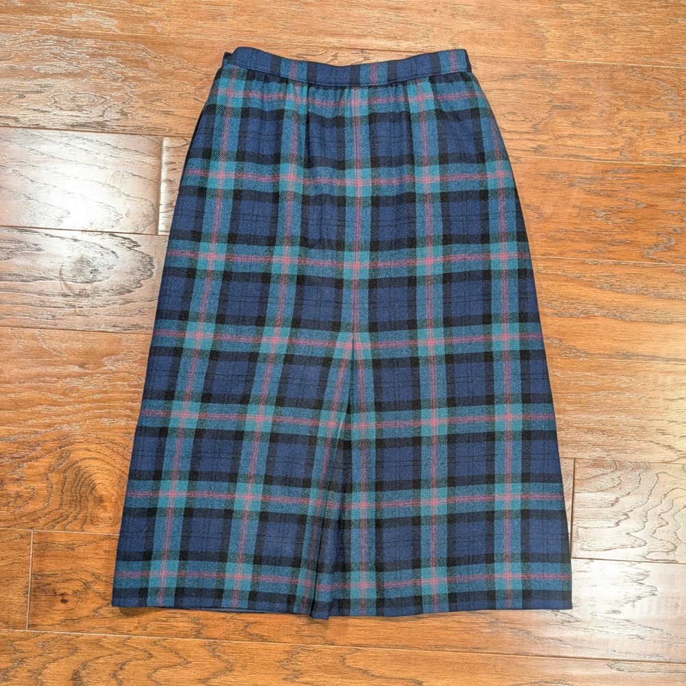 Vintage Petite Pendleton Plaid Wool Skirt Blue Green Pink Made in USA Midi 24W - Picture 8 of 8